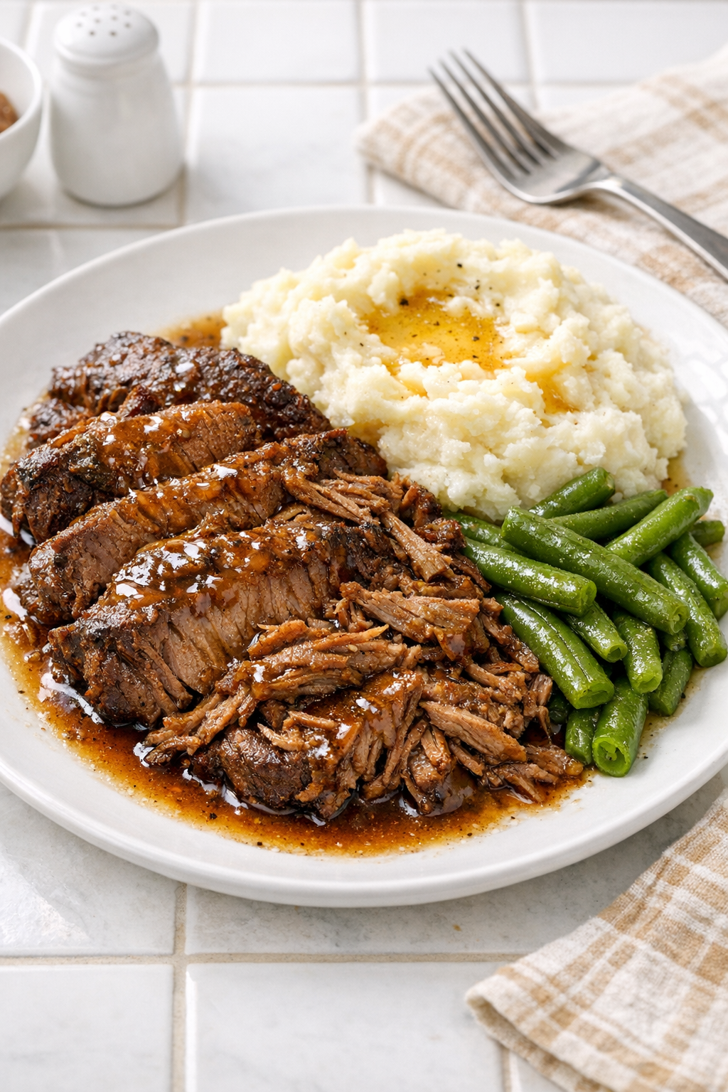 Finished Amish brown sugar beef plated with pan juices