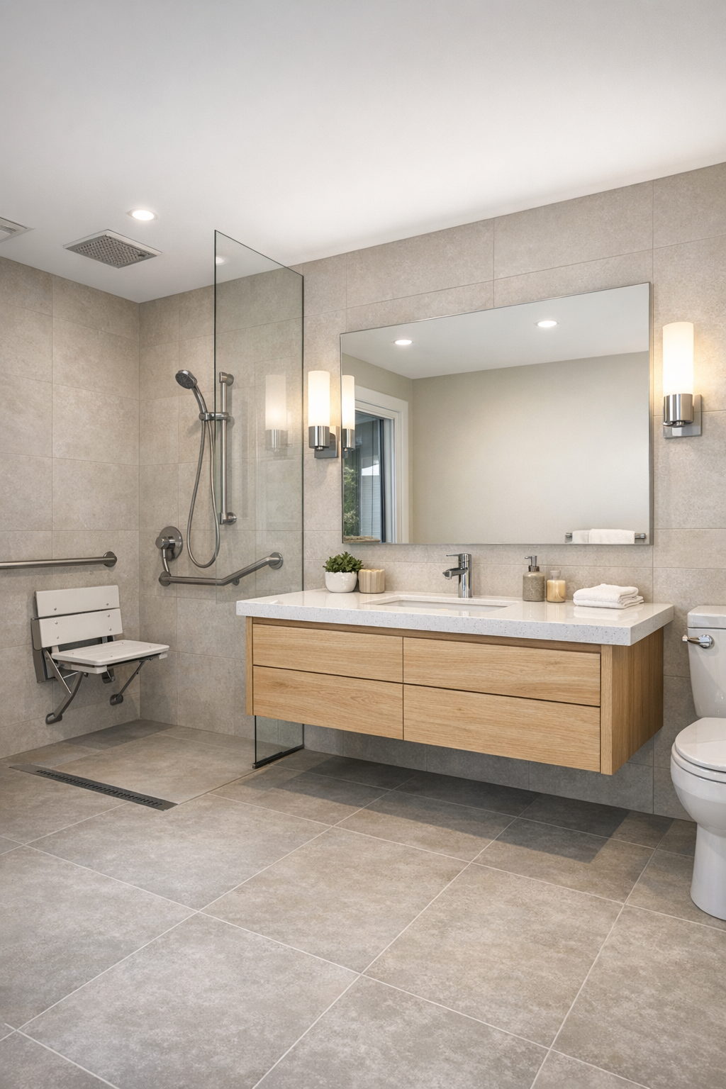 Serene accessible bathroom with curbless shower and light oak vanity
