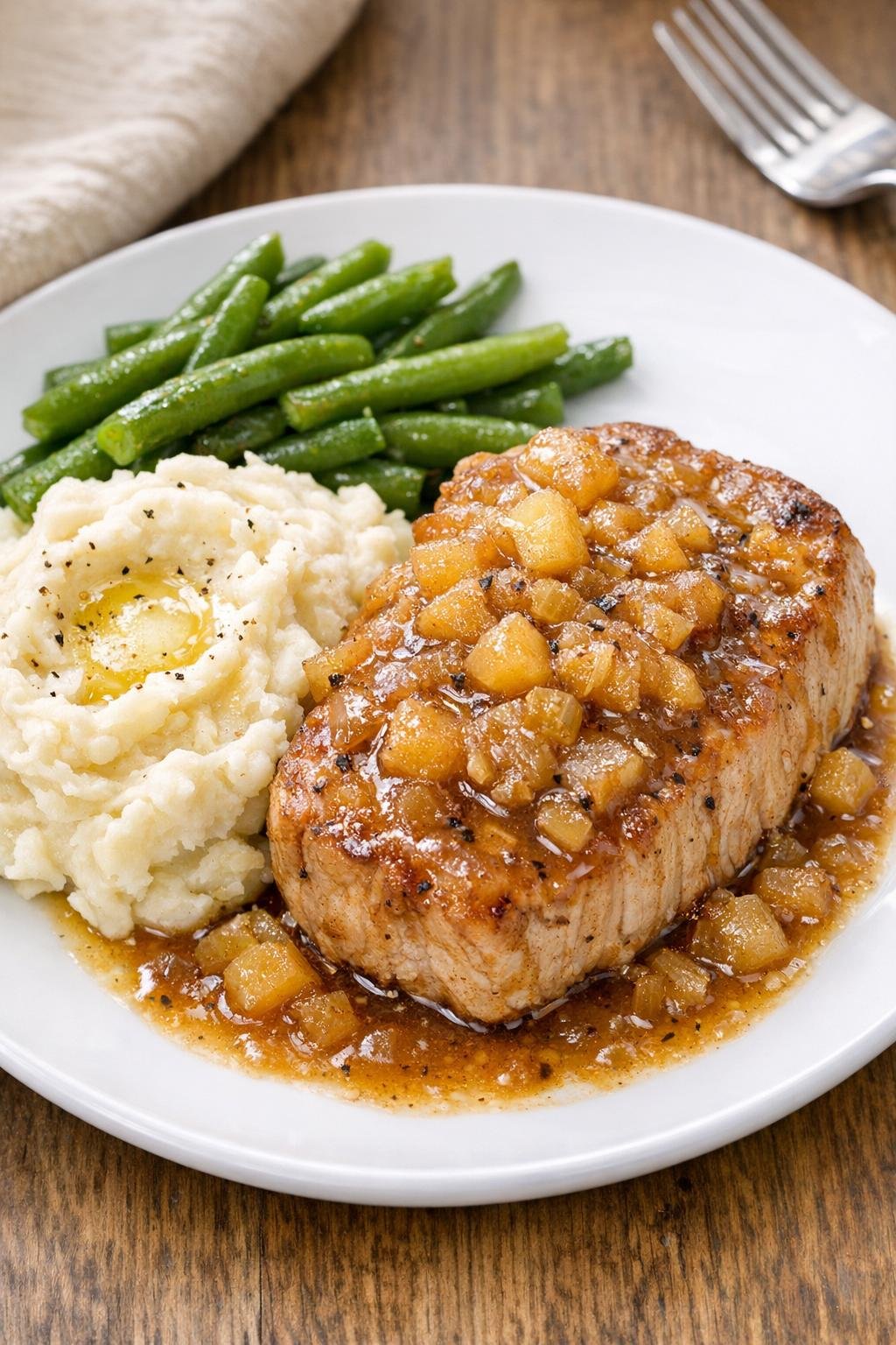 Finished plated pork chops with glossy sauce and fall-inspired sides
