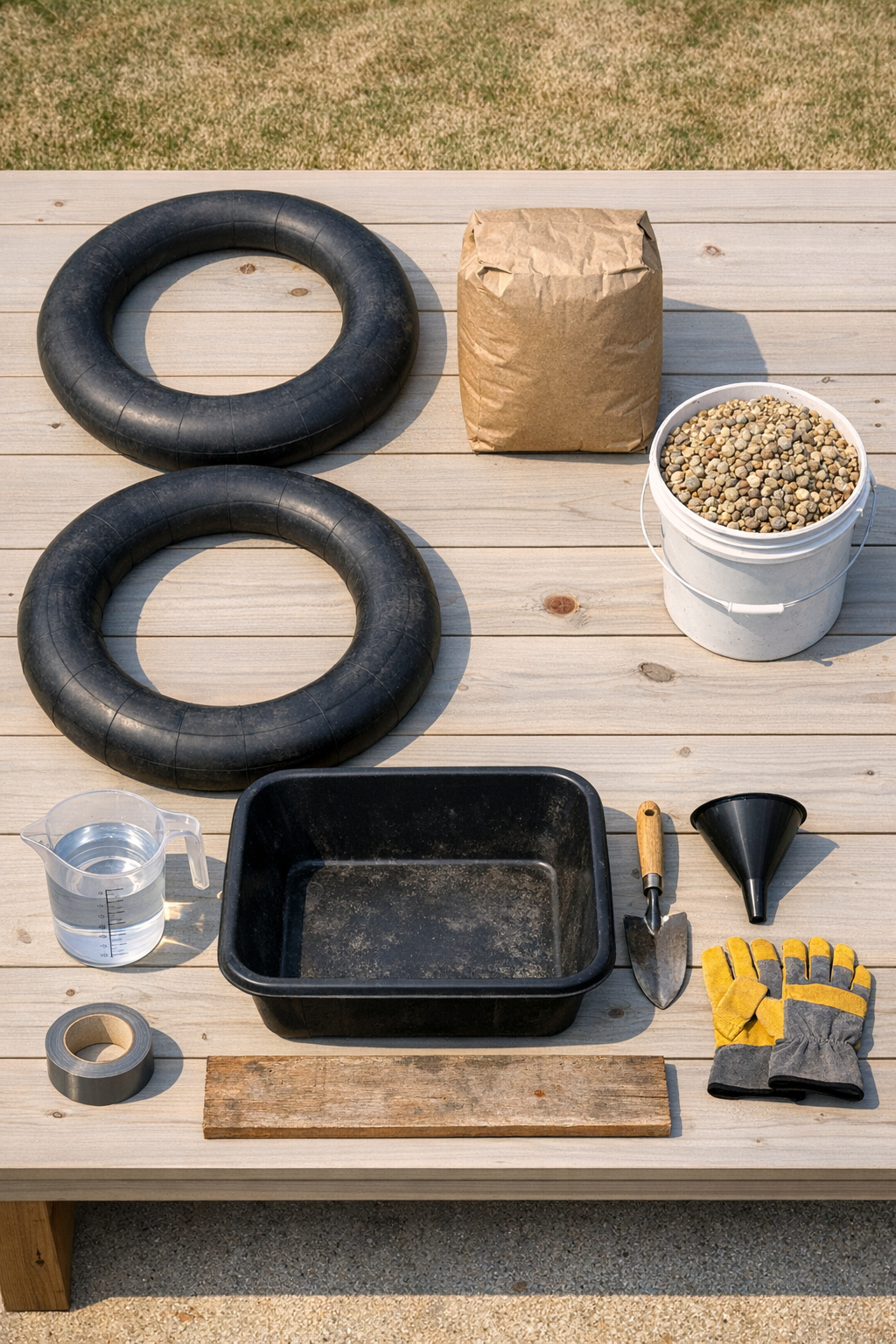 Materials laid out for making two cement-filled inner tube garden bases