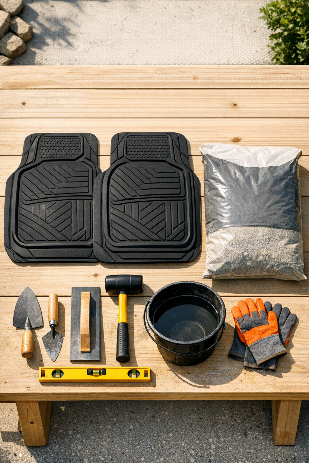 Rubber car floor mats and cement materials laid out for making patio treads