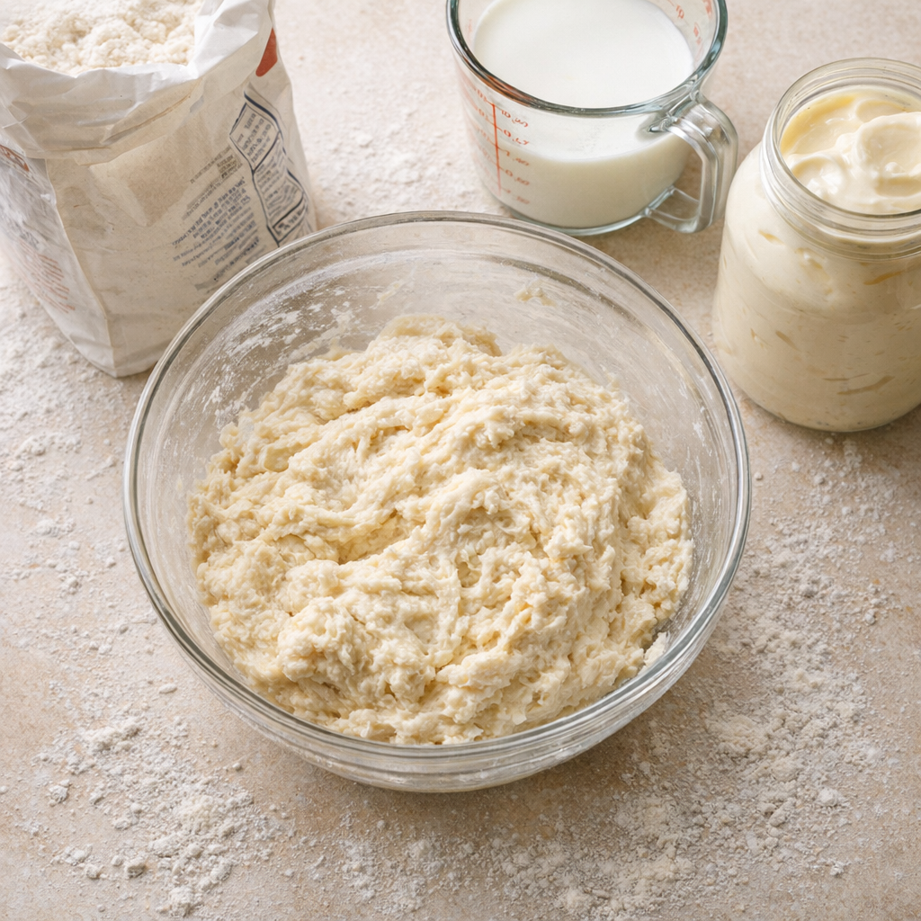 Bowl of biscuit dough beside pantry staples