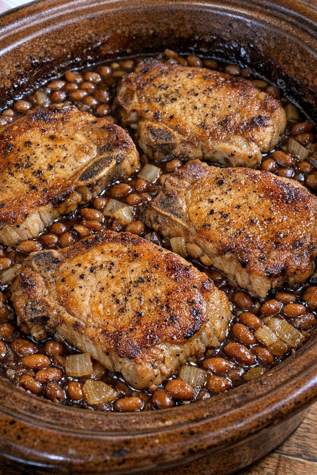 Pork chops baked over dark baked beans in a stoneware casserole dish