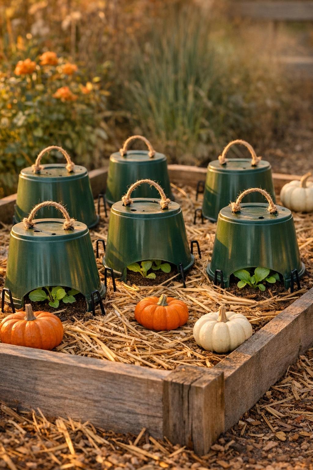 Finished nursery pot cloches protecting seedlings in a fall garden bed
