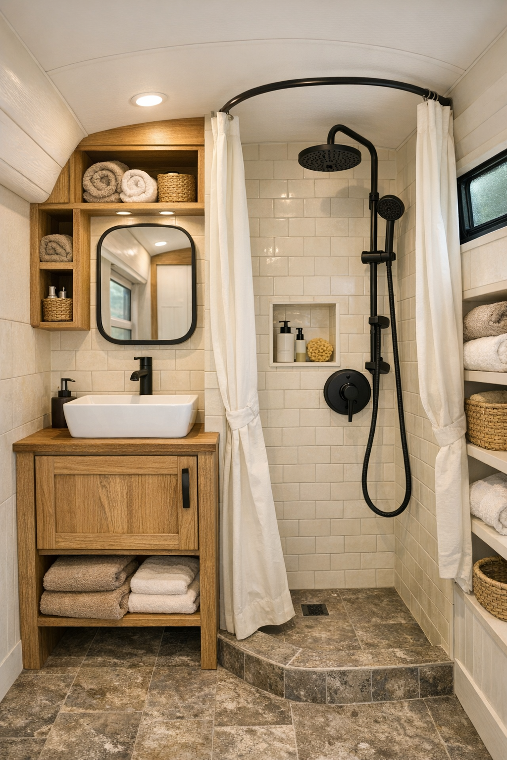 Small bathroom in a converted bus with compact vanity and soft cream tile