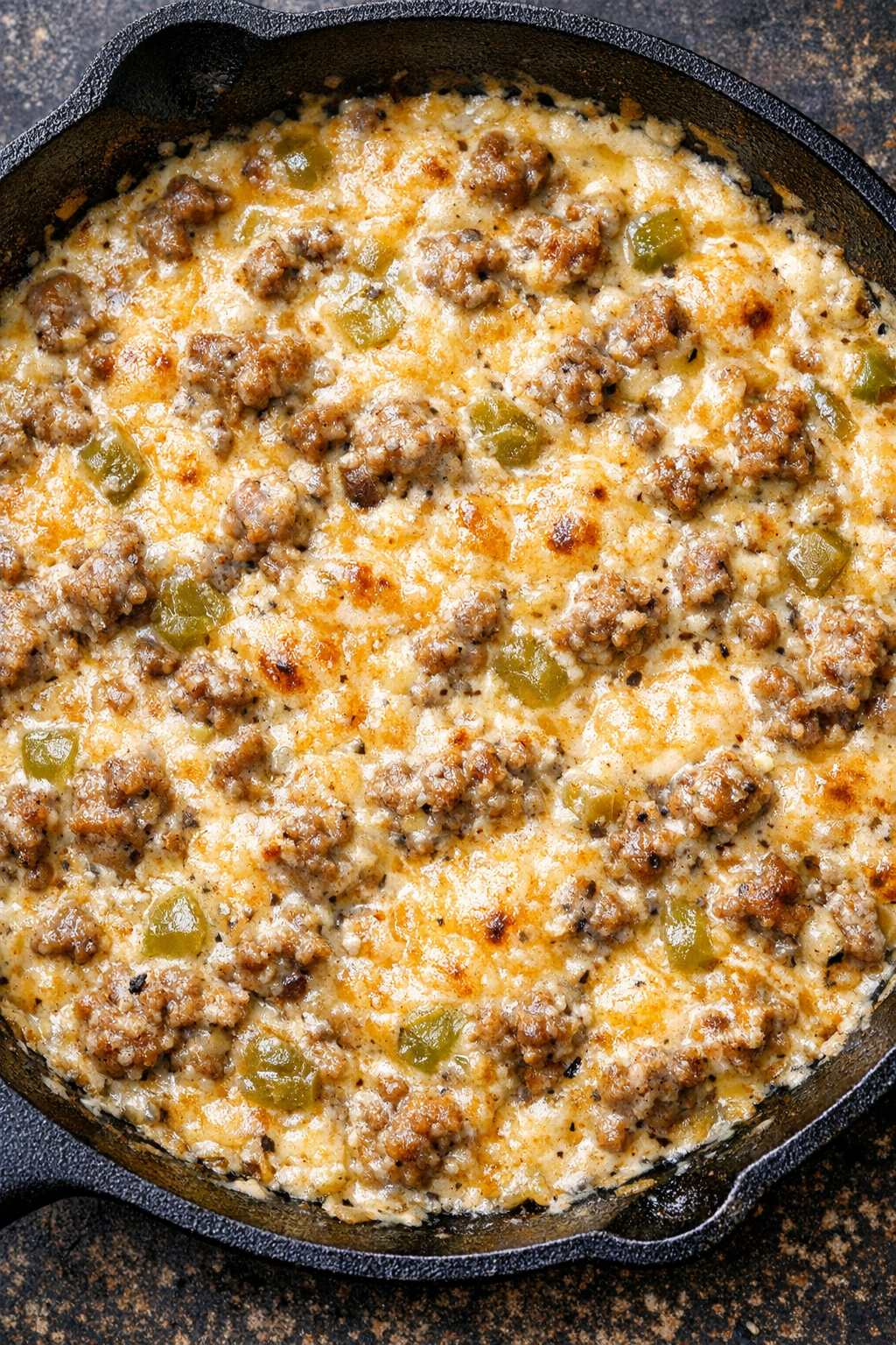 Southern 3-ingredient spicy sausage dip in a cast iron skillet