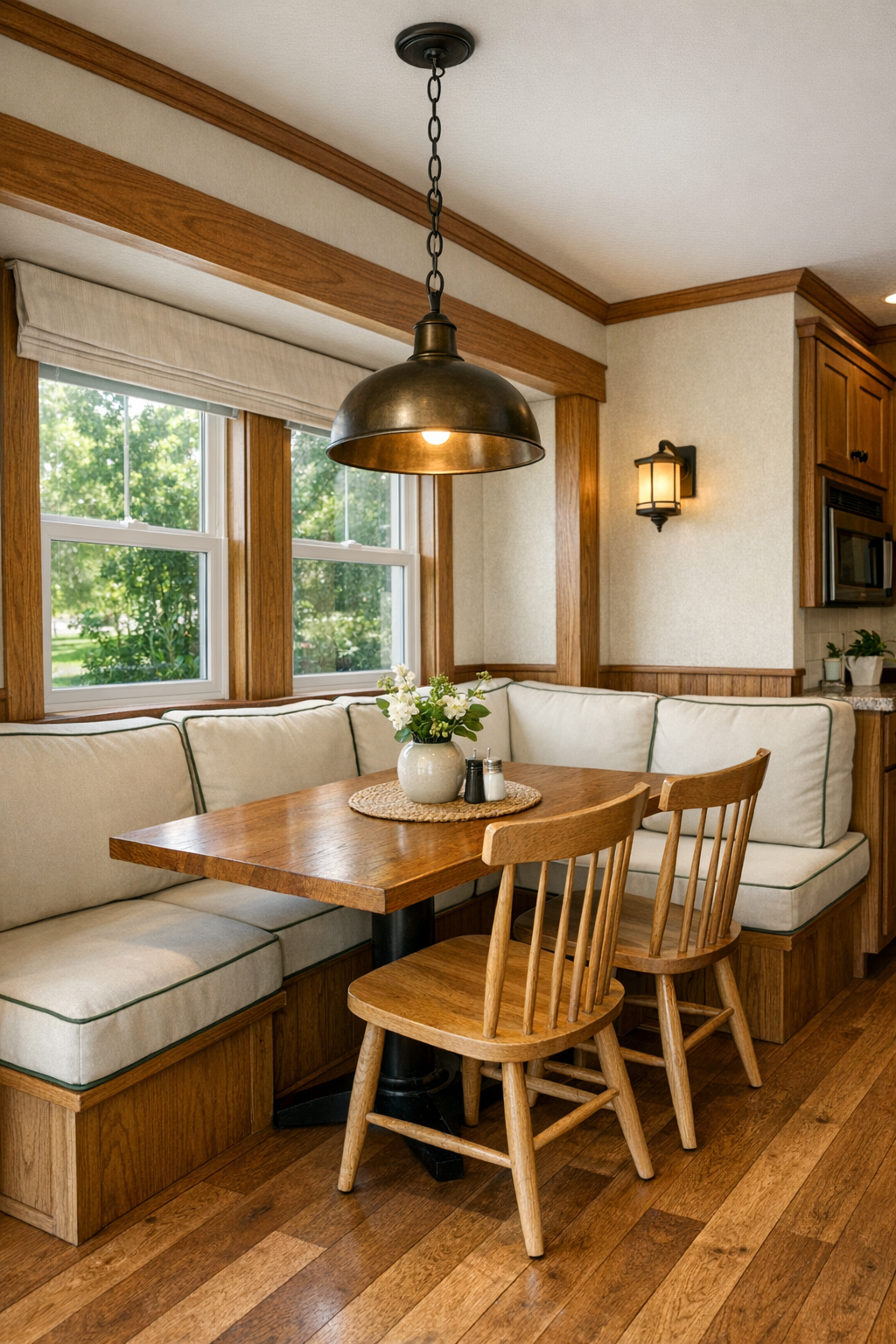 Craftsman dining nook with built-in banquette and wood table