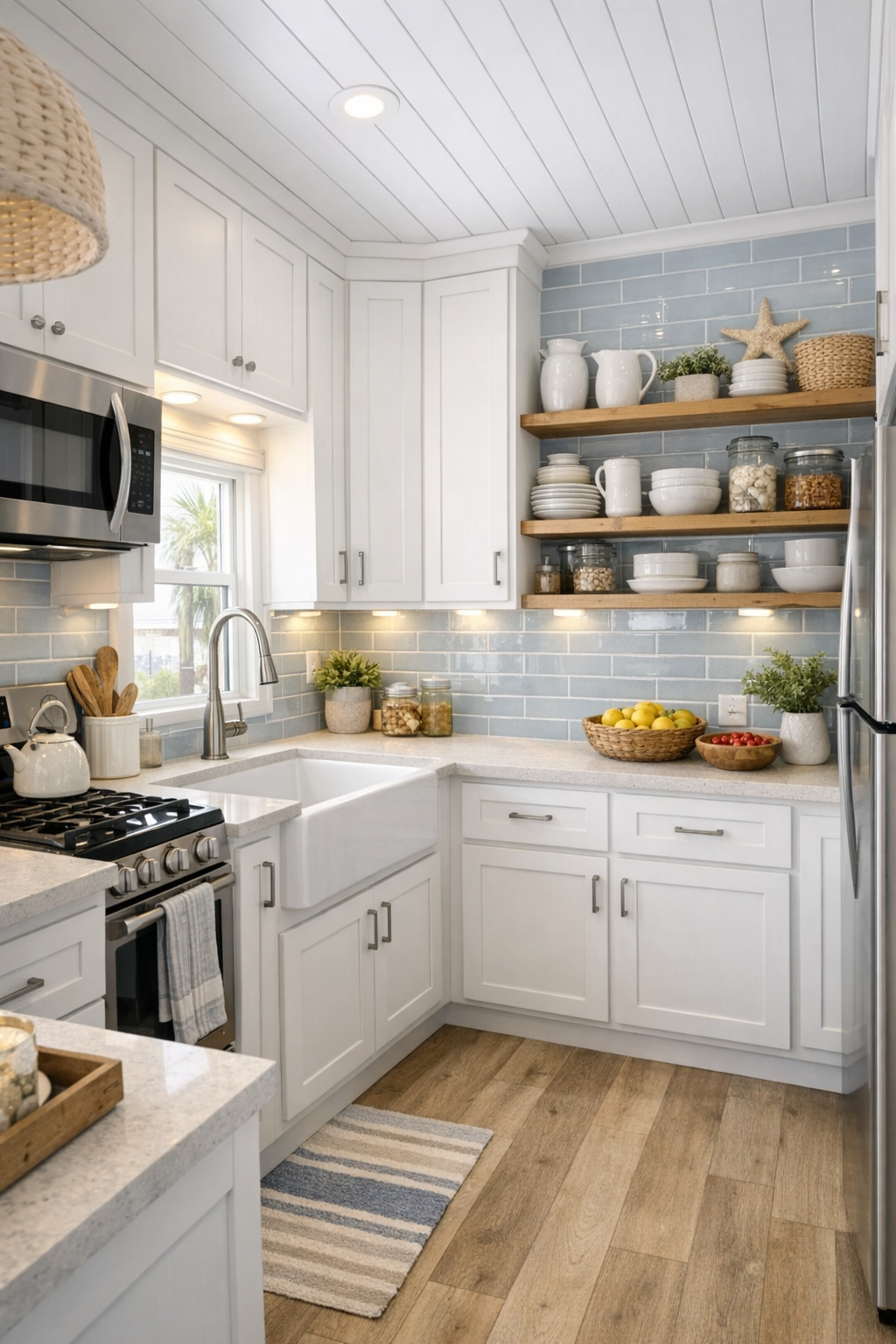 Bright coastal kitchen with white shaker cabinets, pale counters, and blue tile accents