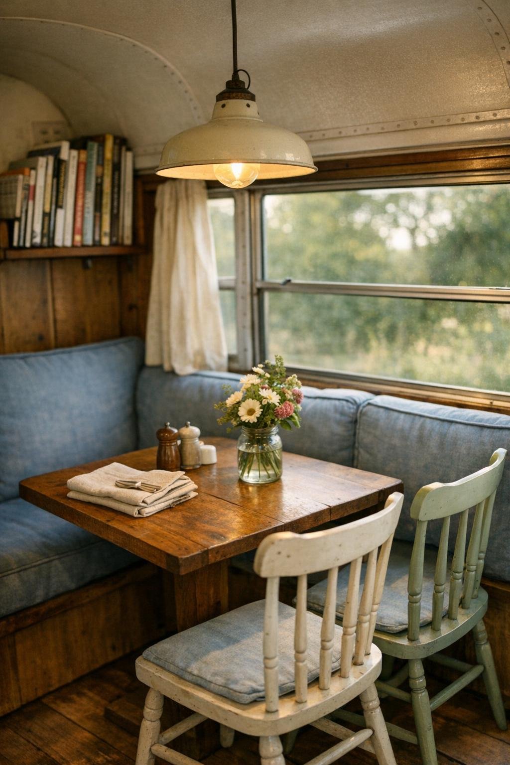 Window-side dining nook in the bus with wood table and blue banquette cushions