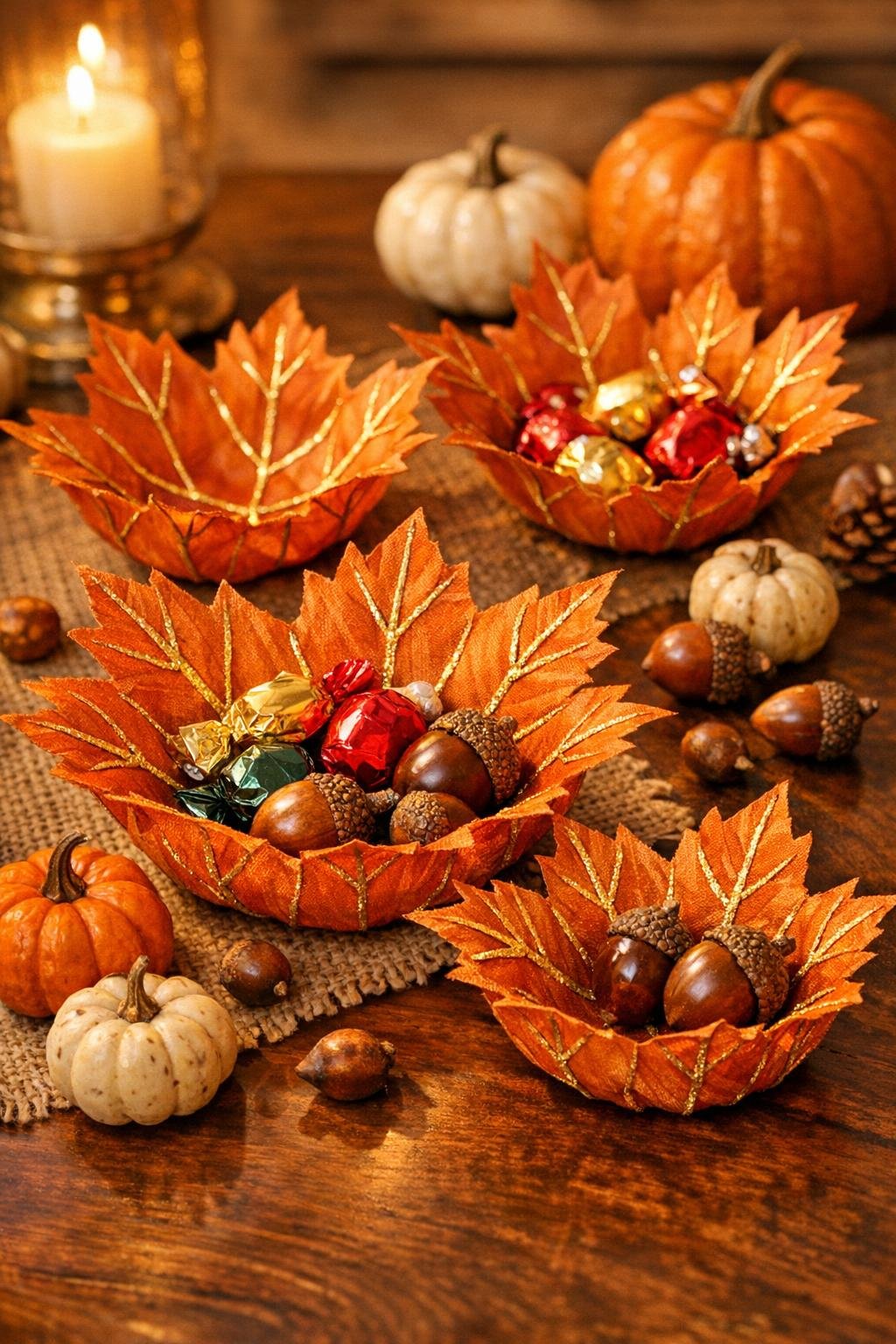 Finished glue gun maple leaf bowls displayed on a fall table