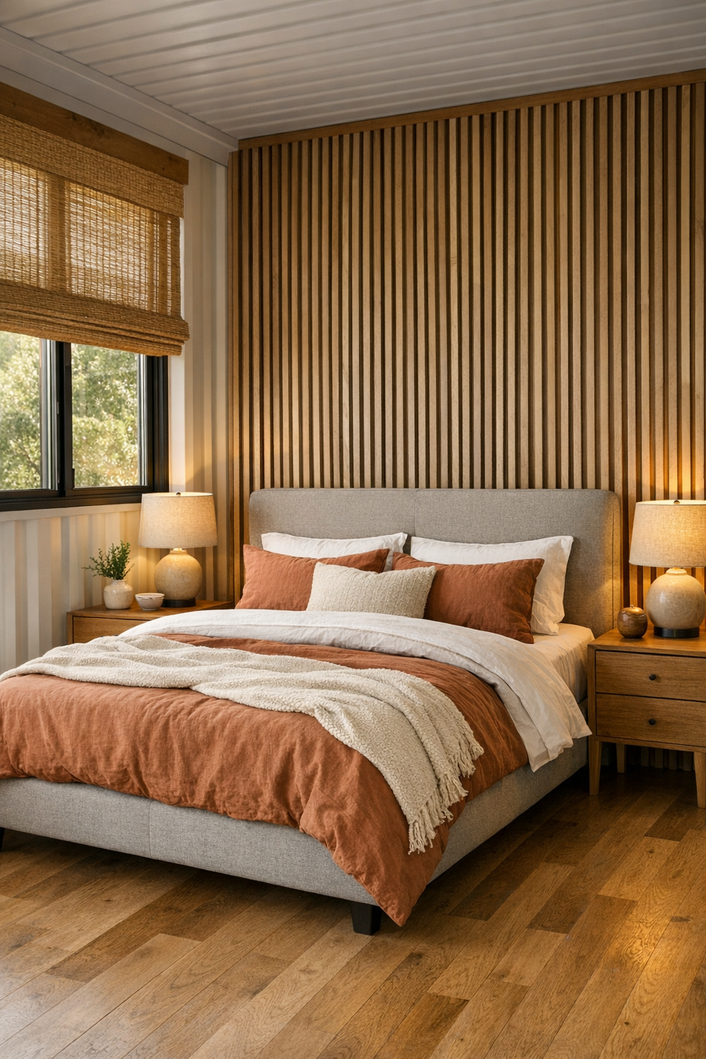 Calm modern bedroom with upholstered bed, layered neutral bedding, and wood accents