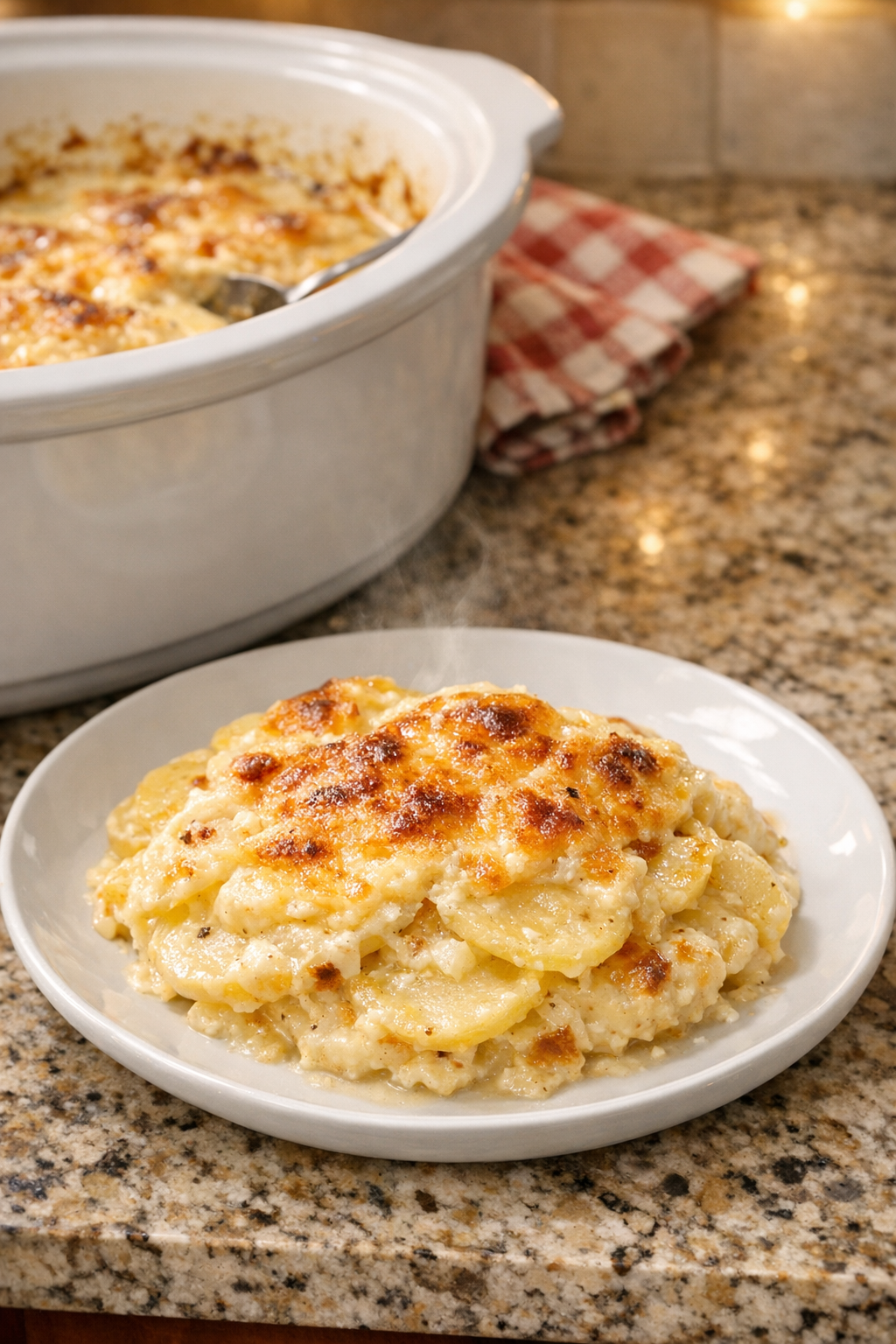 Finished creamy potato gratin plated from a white oval slow cooker
