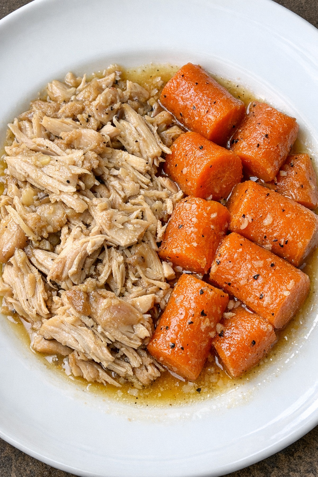 Slow cooker Amish chicken and carrots plated on a white ceramic plate