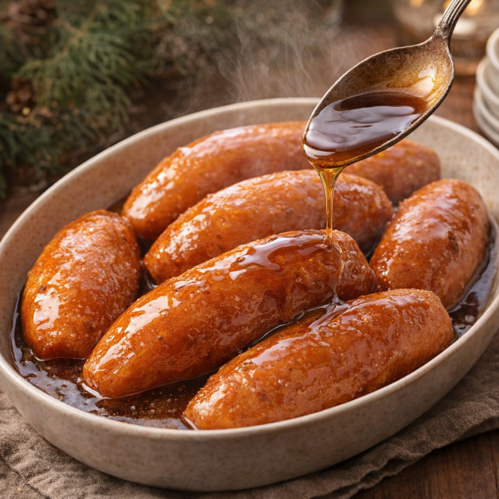 Candied sweet potatoes plated as a holiday-style side dish