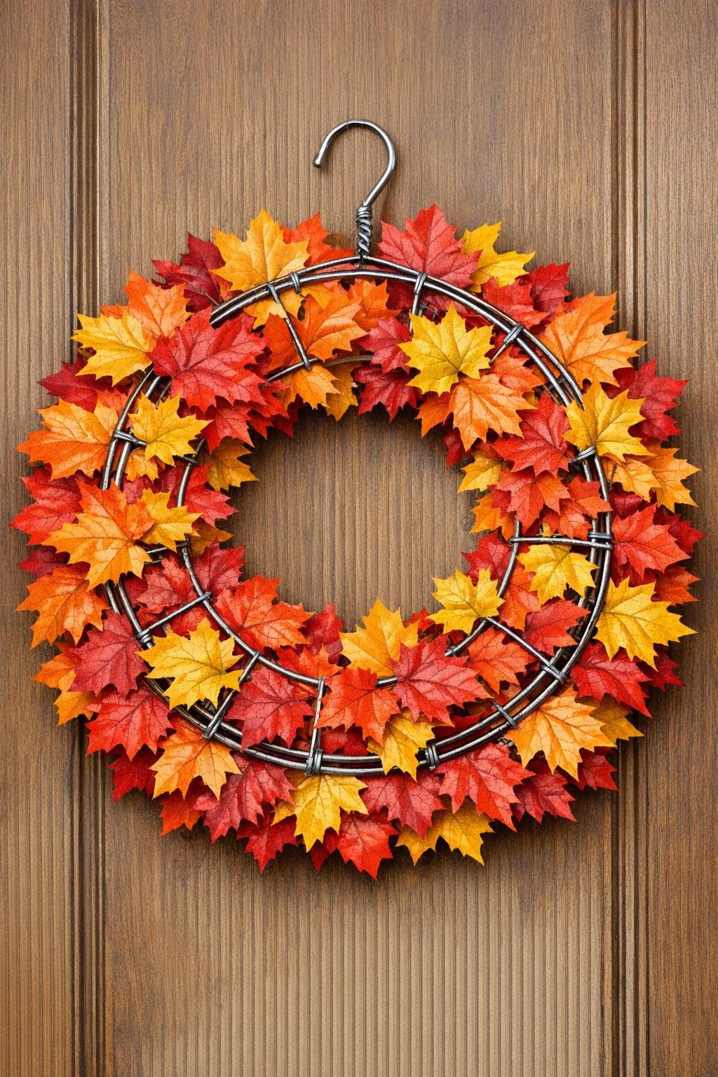 Finished autumn wreath made from plastic leaf garlands wrapped around wire coat hangers