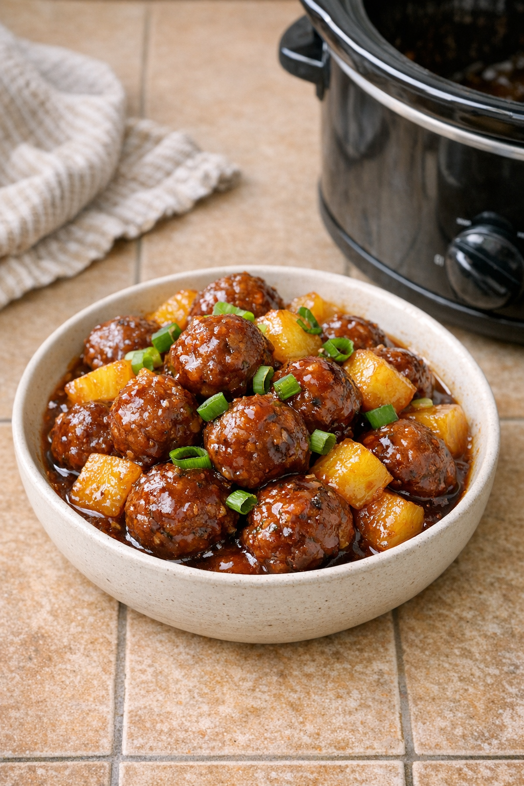 Finished spicy Hawaiian beef meatballs in a serving bowl
