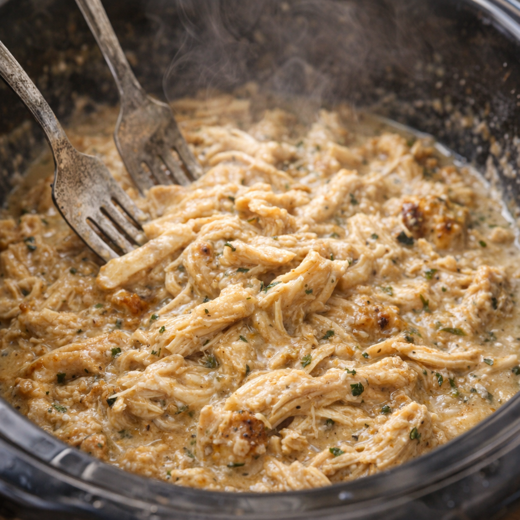 Gesneden kip gemengd met een romige saus in de slowcooker.