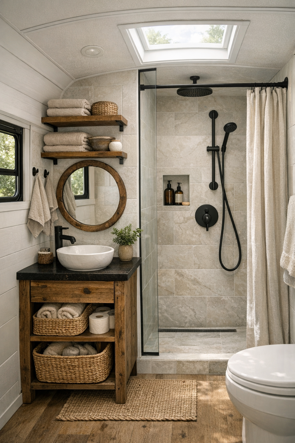 Compact rustic bus bathroom with tiled shower, reclaimed wood vanity, and black fixtures