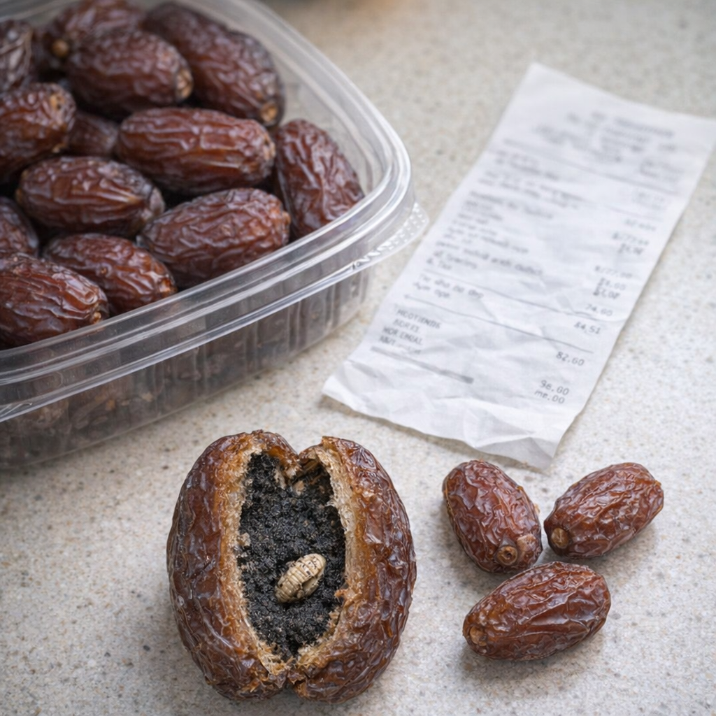 Receipt and package near dates on countertop