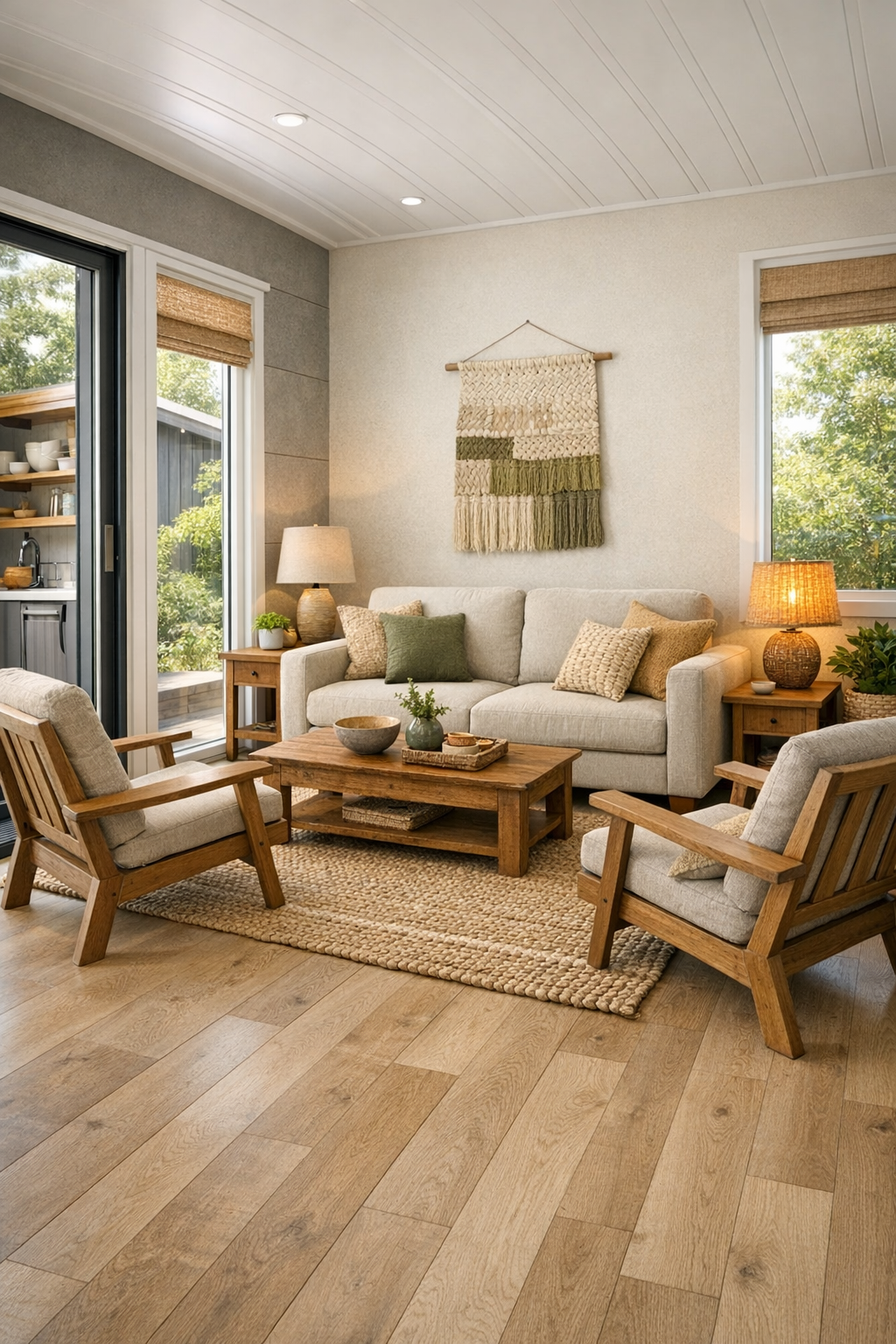 Warm accessible living room with oatmeal seating, pale oak floors, and large windows