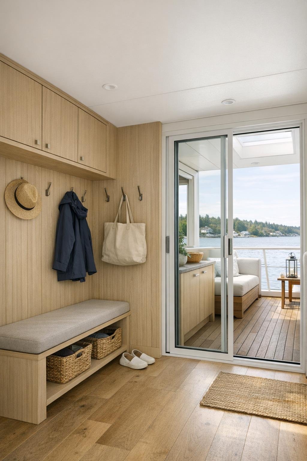 Functional entry and passage area with built-in storage, a small bench, and sliding doors to the deck