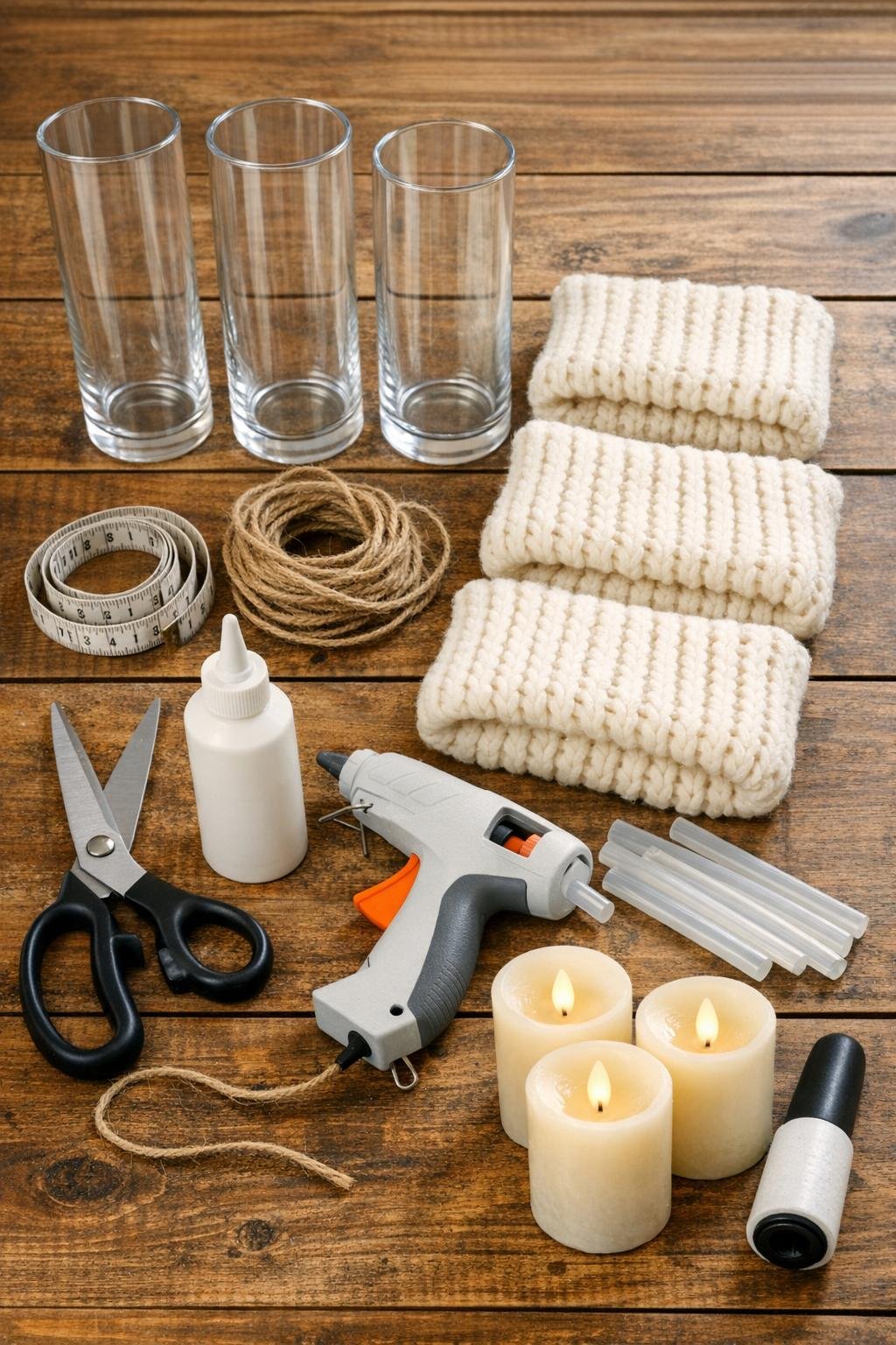 Materials for knit-wrapped glass candle holders laid out neatly