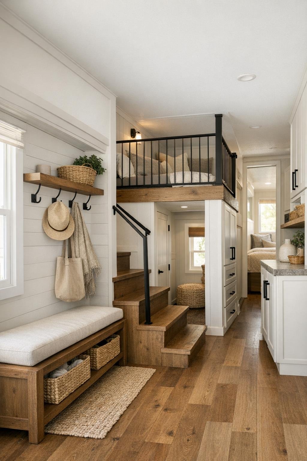 Thoughtful small-space hallway and loft area with built-in storage in a modern RV
