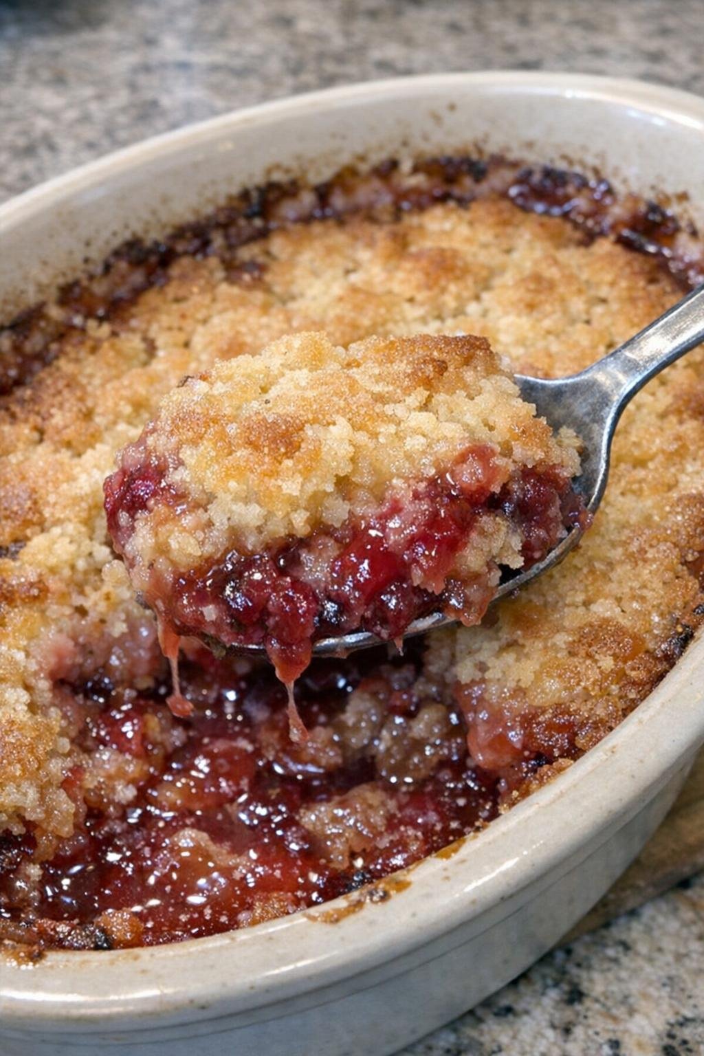 Buttery golden brown cake mix cobbler in an oval stoneware dish