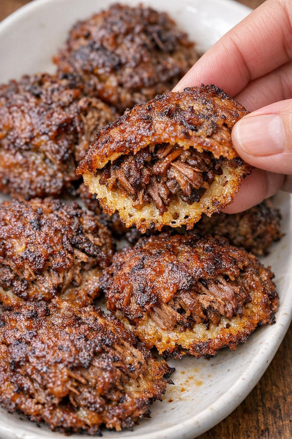 Low carb pulled pork Kensington patties on a ceramic platter