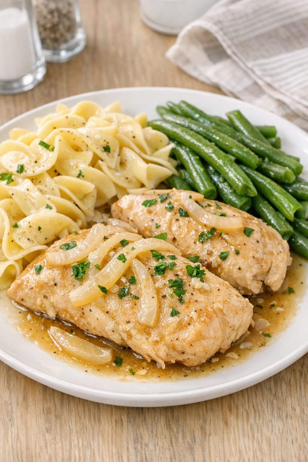 Finished slow cooker chicken plated with summer sides