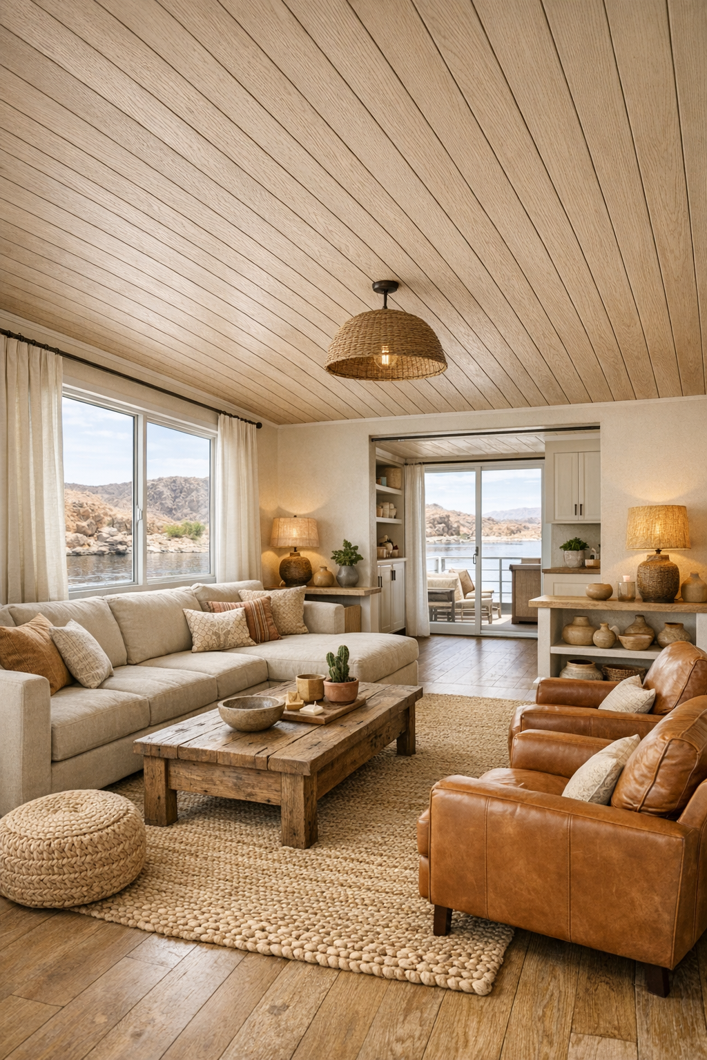 Warm accessible living room with pale oak ceiling, oatmeal sectional, and desert-toned finishes