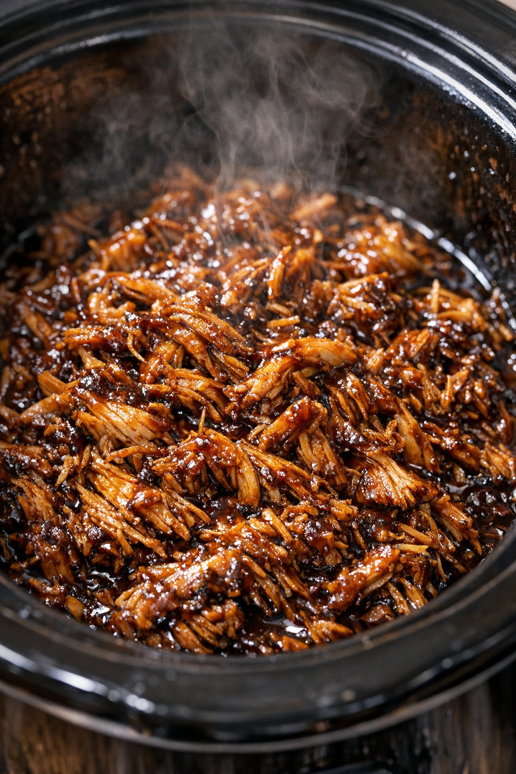 Slow cooker shredded chicken in dark glossy sauce