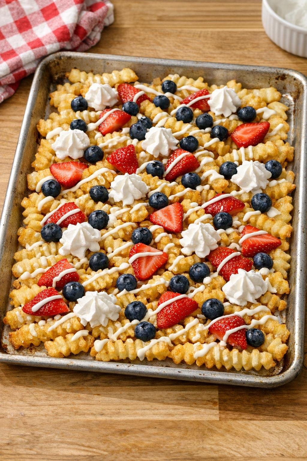 Patriotic dessert fries baked and topped with berries and whipped topping