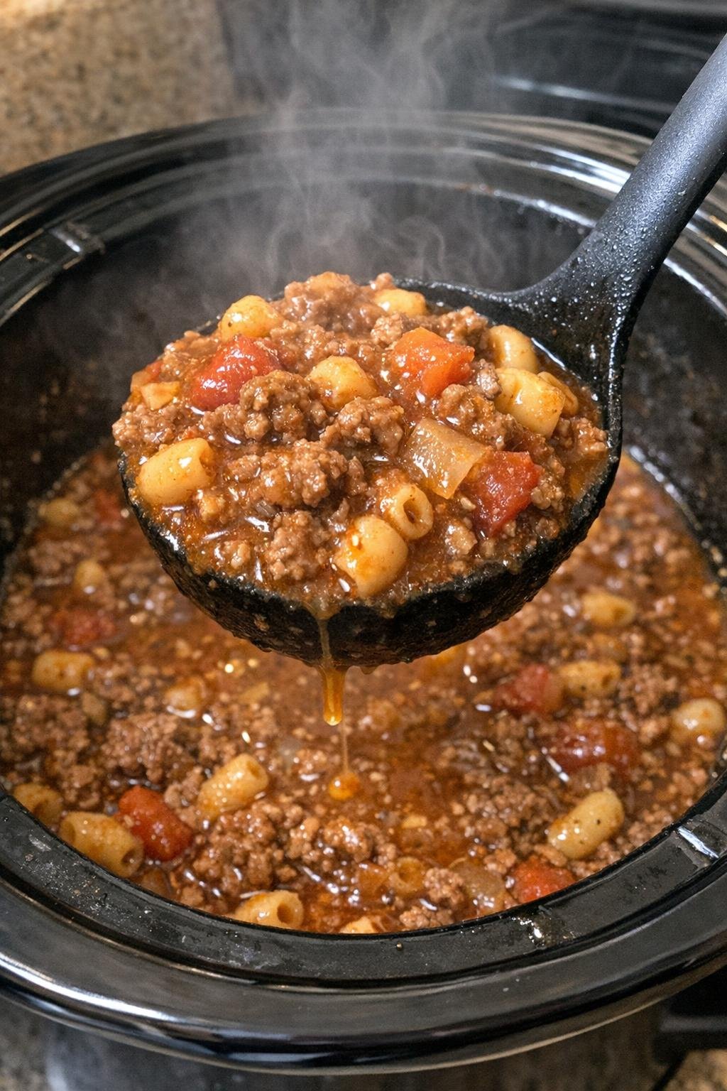 Slow cooker ground beef dish in a black insert with a ladle lifting a scoop