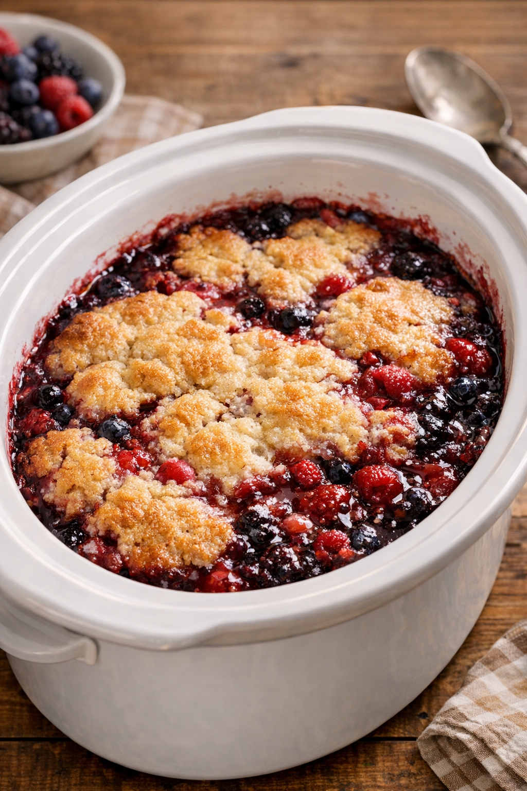 Finished mixed berry cobbler in a white oval slow cooker