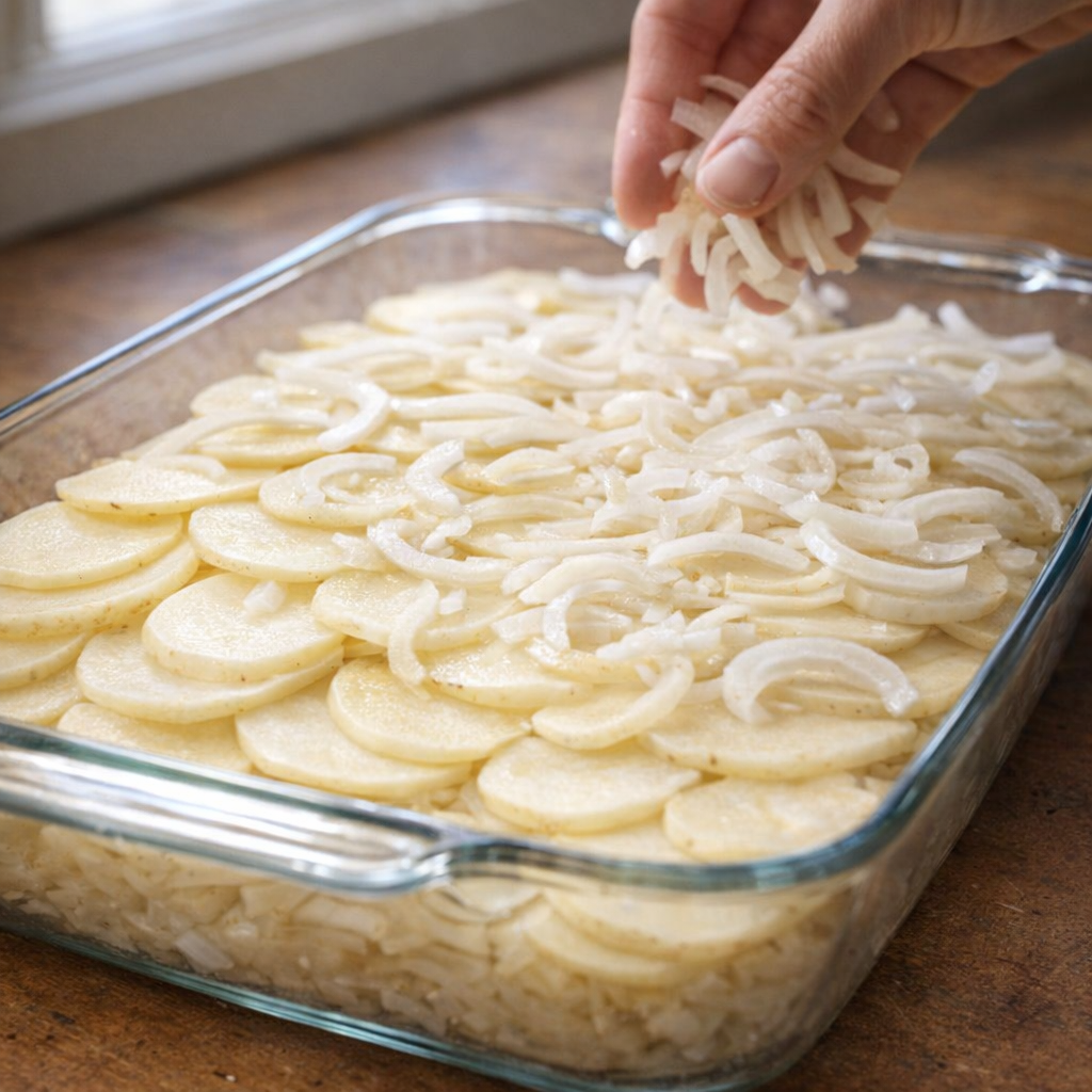 Layered potatoes in a glass baking dish