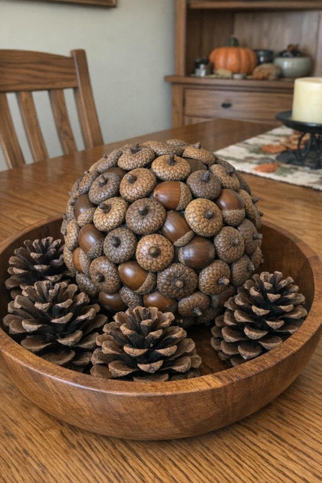 Acorn-cap covered ball in a fall bowl