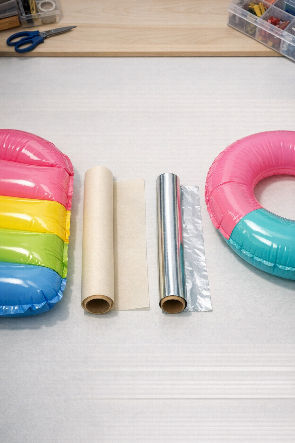 Pool floats, parchment paper, and aluminum foil laid out for the project