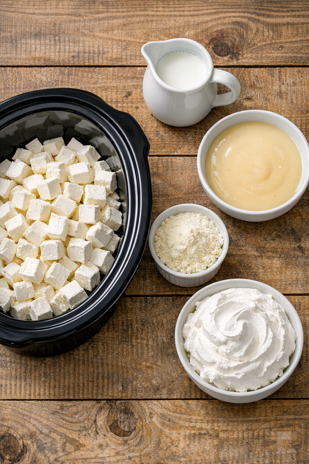 Measured ingredients for cream cheese dessert on a farmhouse counter