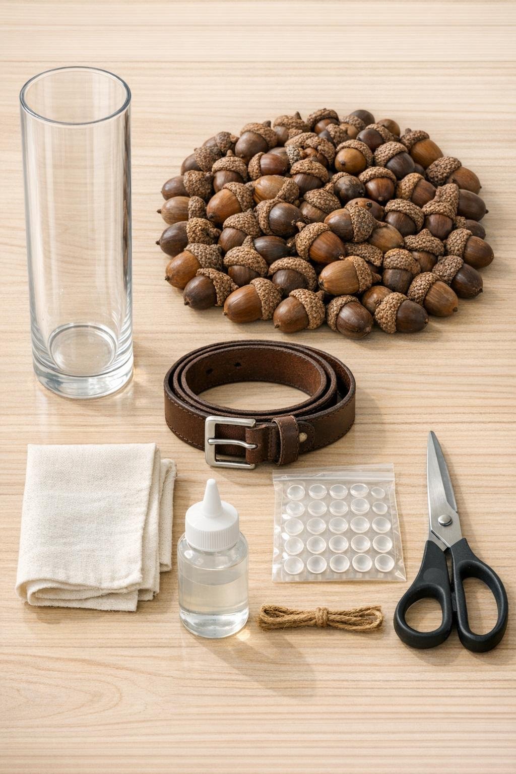 Materials for a leather belt and glass vase watch stand