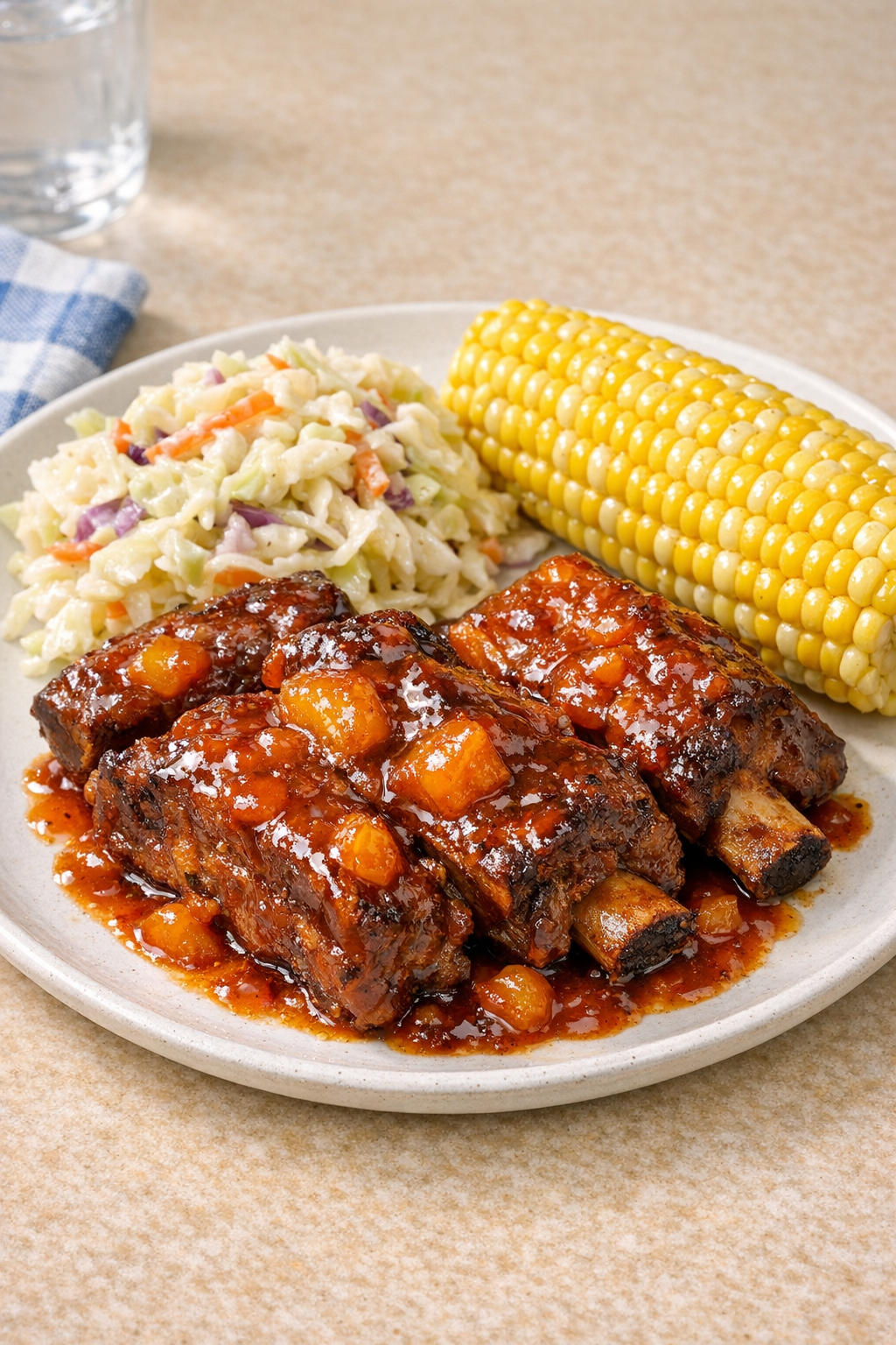 Finished peach BBQ beef short ribs plated with glossy sauce