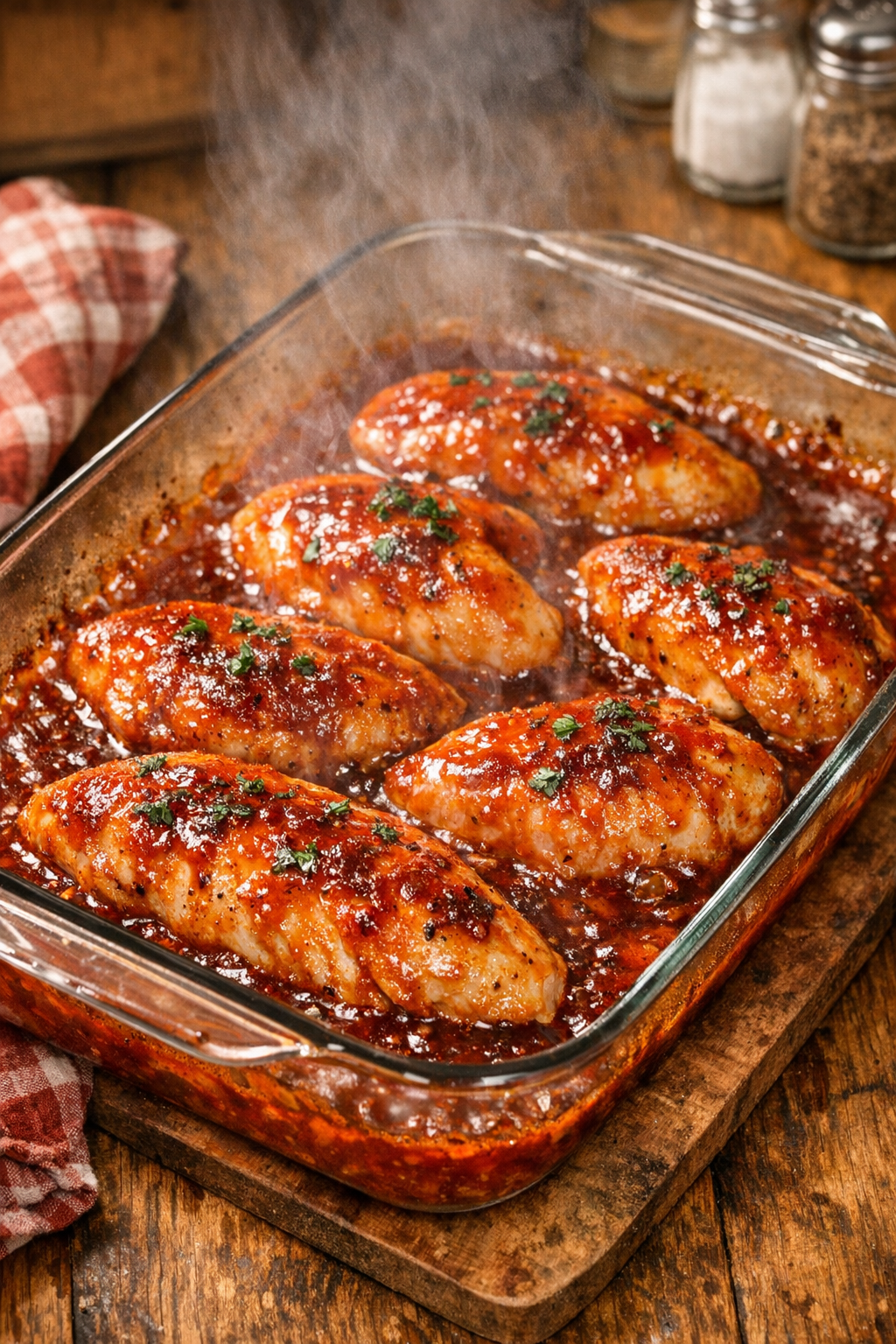 Baked chicken in bubbling sauce fresh from the oven