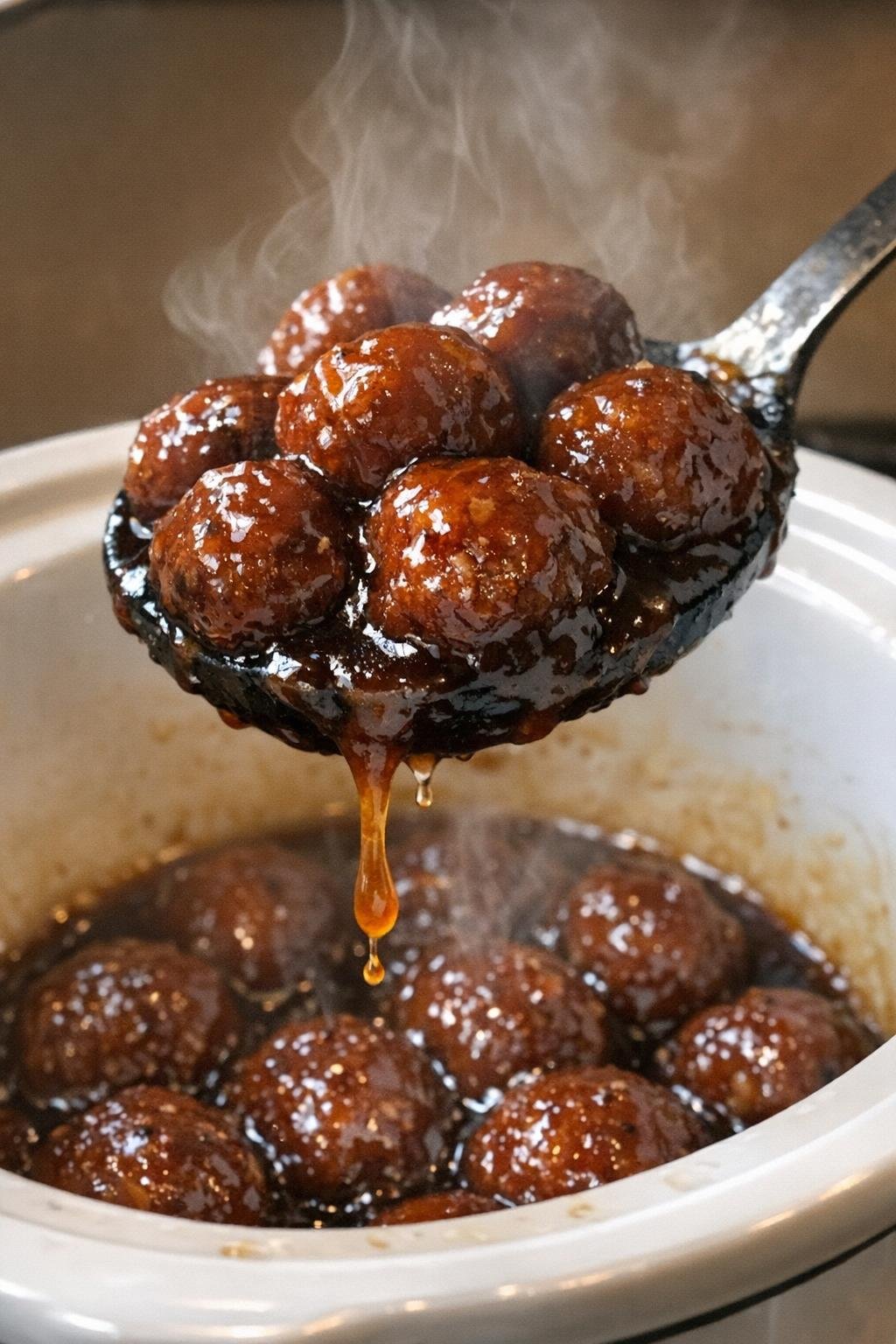 Honey BBQ meatballs lifted from a slow cooker