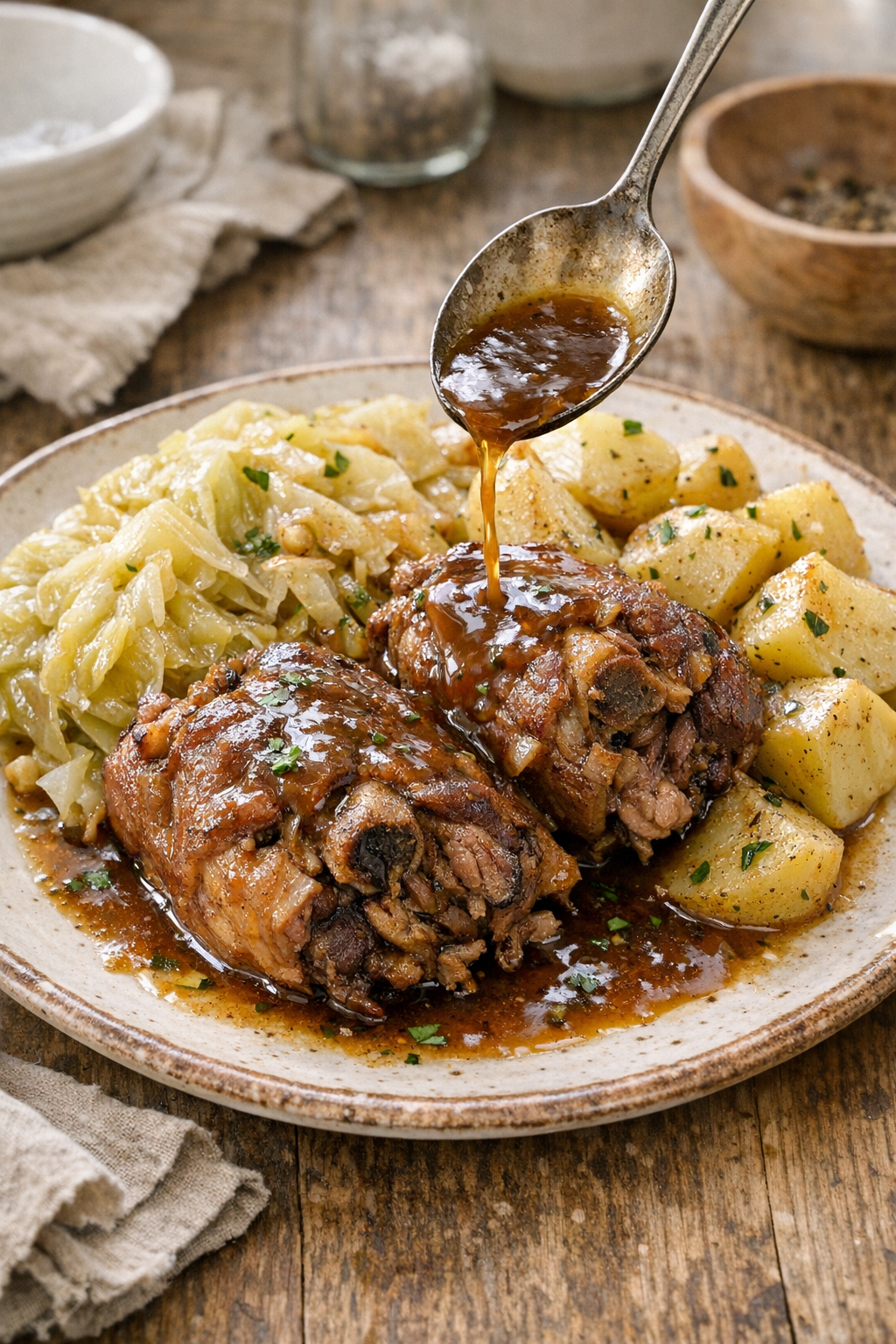 Pork hocks served with cabbage and potatoes