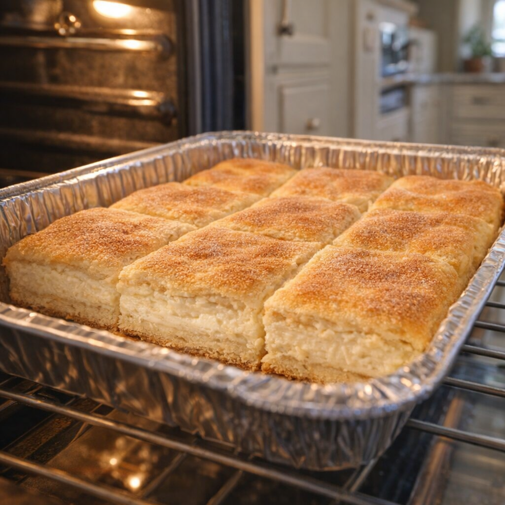 Golden cheesecake bars just baked in the oven