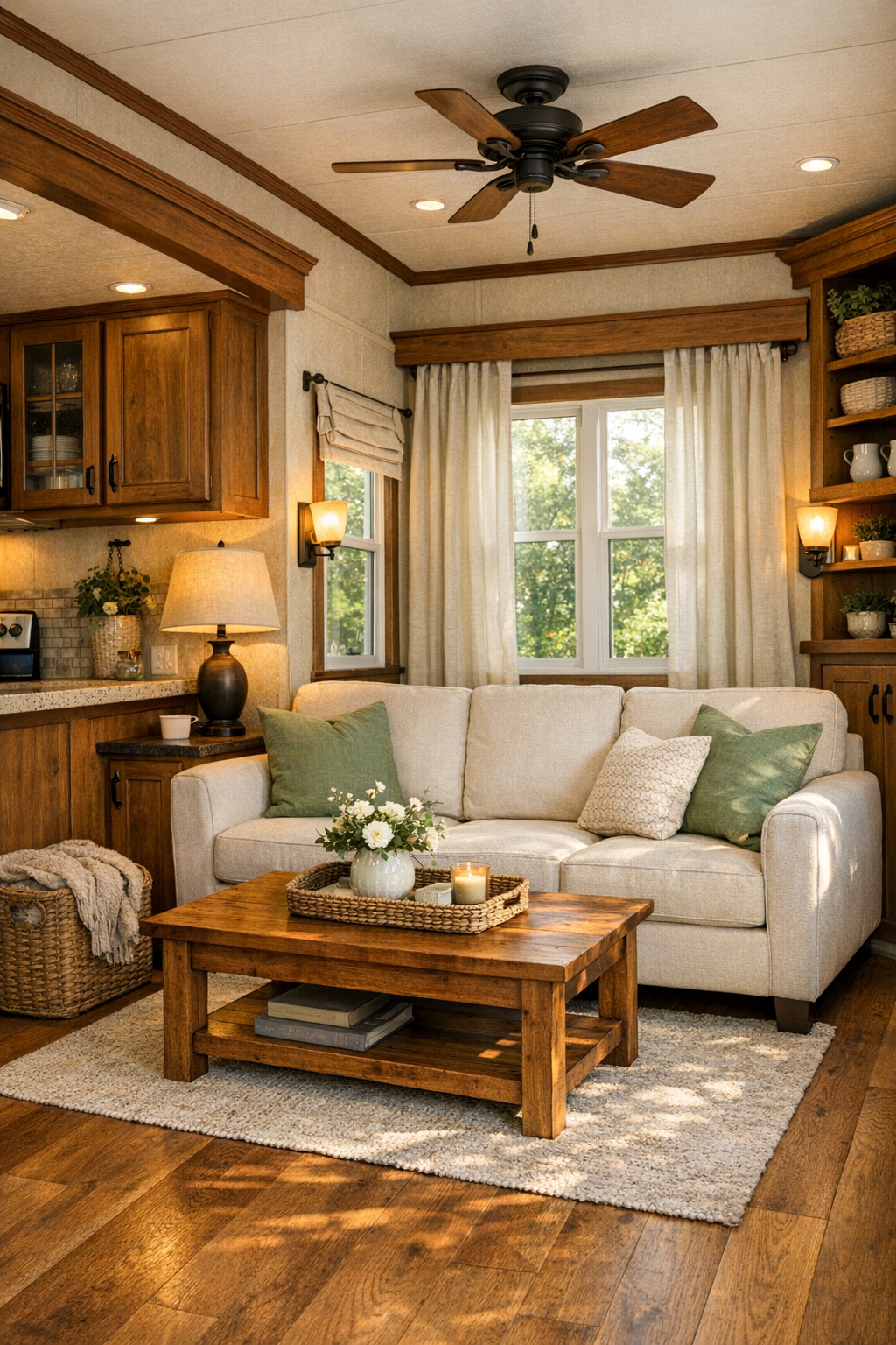 Cozy craftsman-style living room with sage accents and warm wood finishes