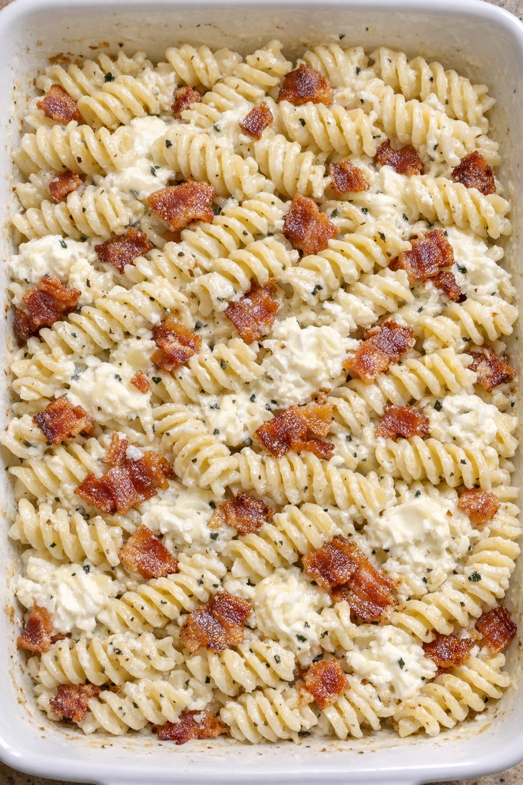 Finished creamy bacon ranch rotini bake