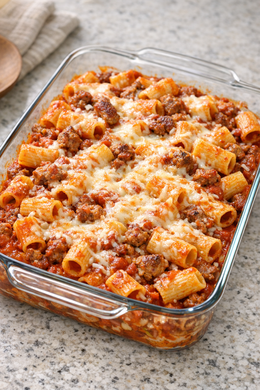 Finished baked sweet sausage mezzi rigatoni in a glass baking dish