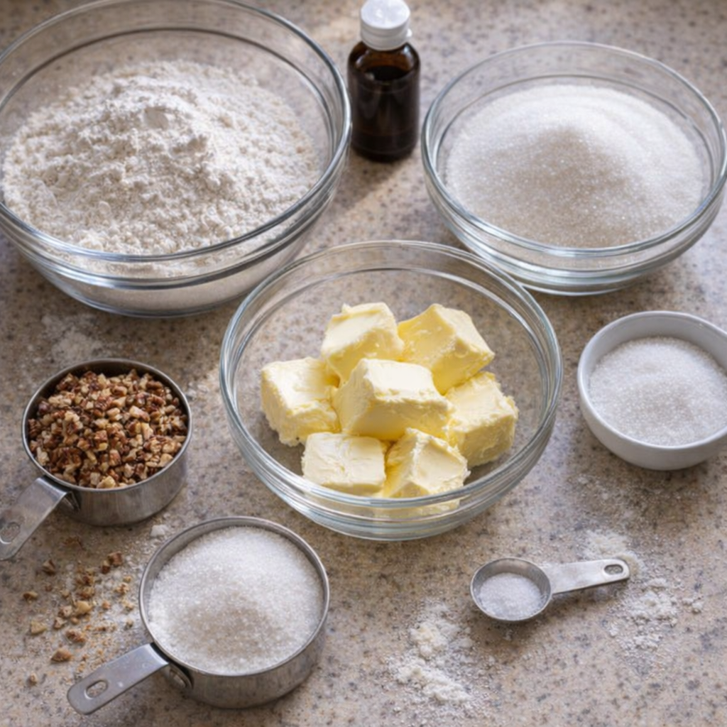 Measured ingredients for pecan shortbread cookies on a kitchen counter