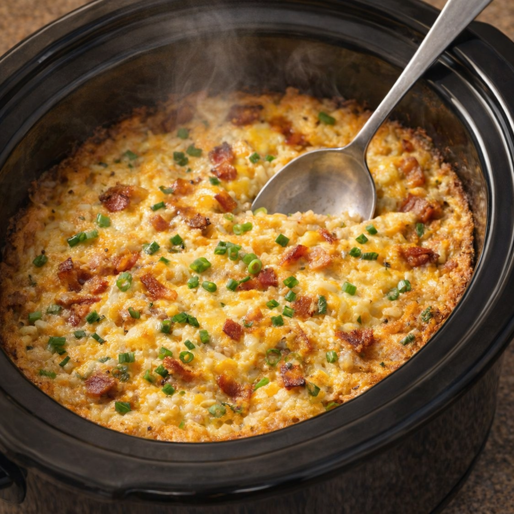 Cooked breakfast casserole in the slow cooker with a serving spoon